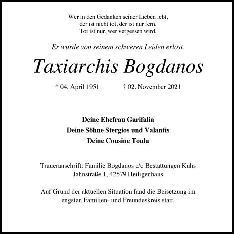  Traueranzeige für Taxiarchis Bogdanos vom 17.11.2021 aus WVW/ORA