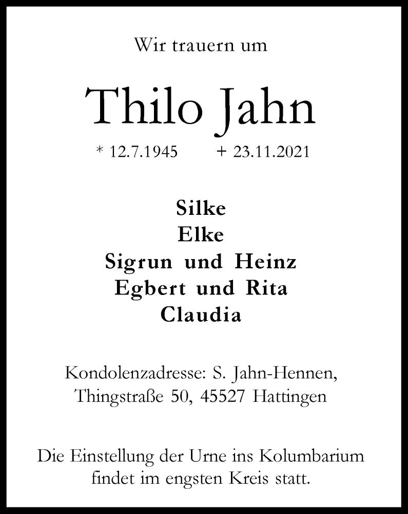  Traueranzeige für Thilo Jahn vom 27.11.2021 aus WVW/ORA