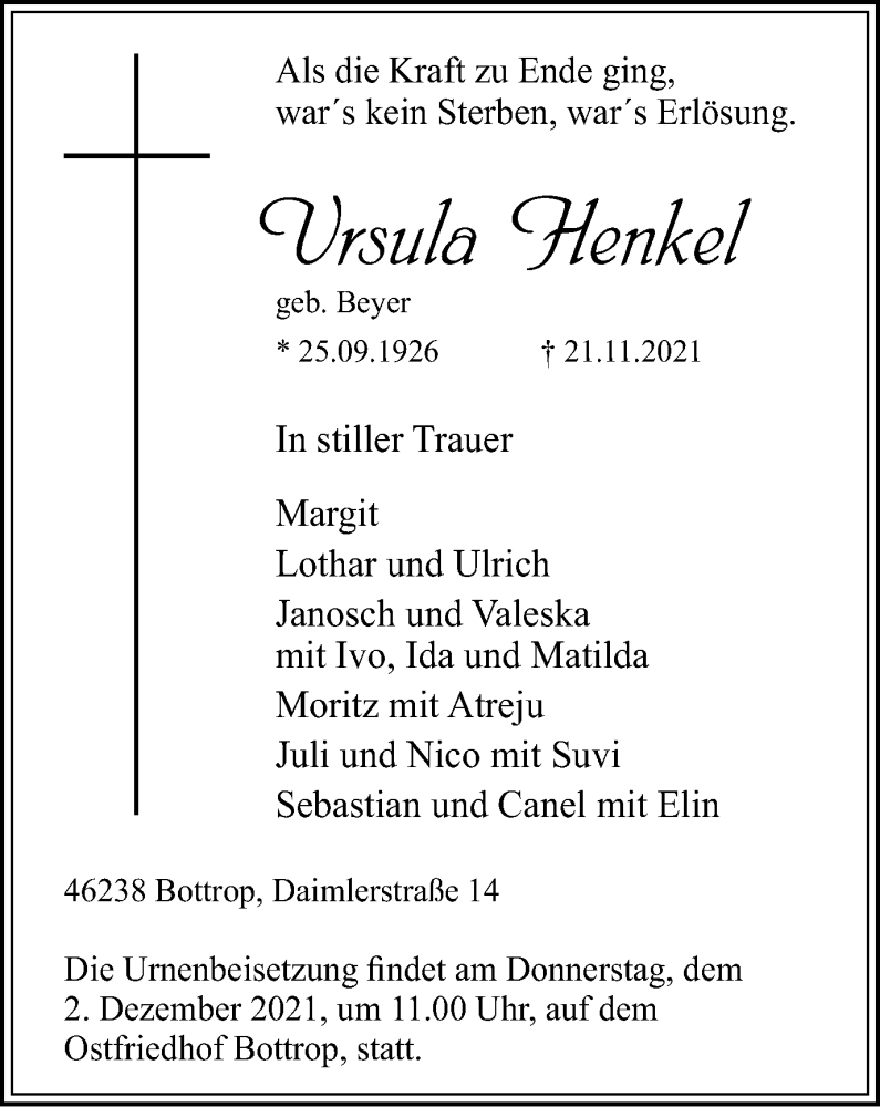  Traueranzeige für Ursula Henkel vom 27.11.2021 aus WVW/ORA
