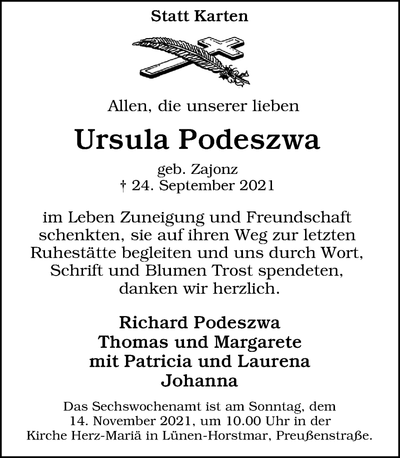  Traueranzeige für Ursula Podeszwa vom 13.11.2021 aus WVW/ORA