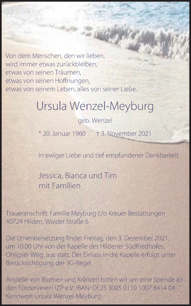  Traueranzeige für Ursula Wenzel-Meyburg vom 20.11.2021 aus WVW/ORA