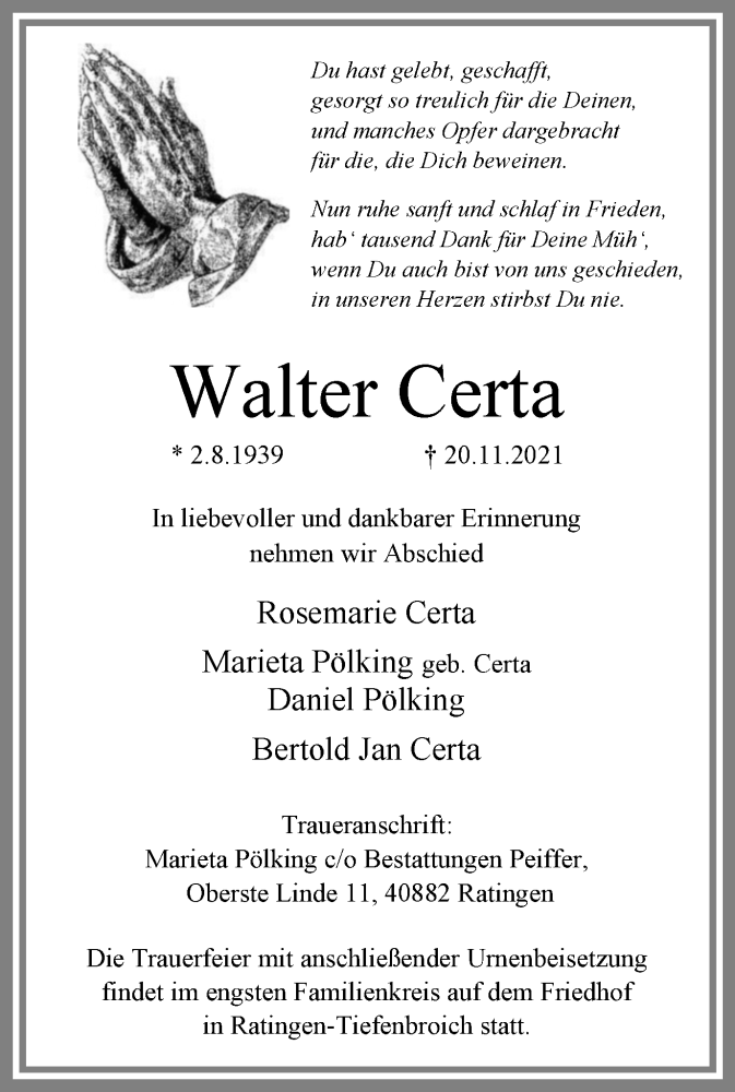  Traueranzeige für Walter Certa vom 27.11.2021 aus WVW/ORA