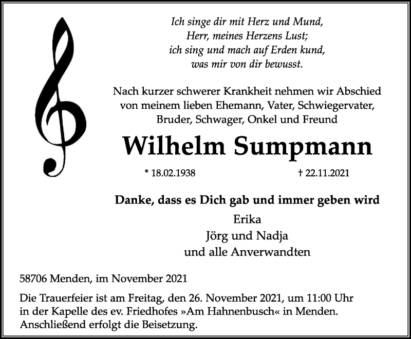  Traueranzeige für Wilhelm Sumpmann vom 24.11.2021 aus WVW/ORA
