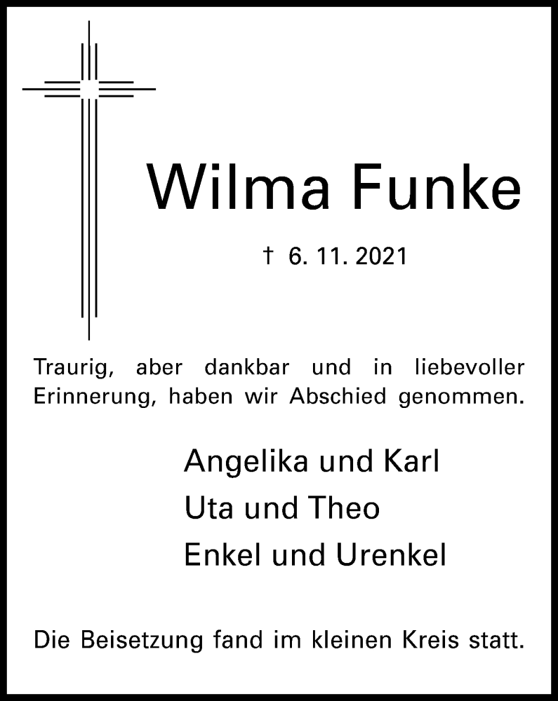  Traueranzeige für Wilma Funke vom 27.11.2021 aus WVW/ORA