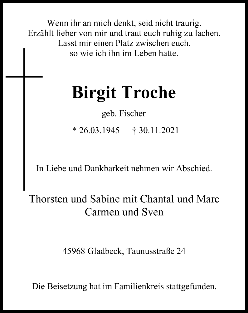  Traueranzeige für Birgit Troche vom 04.12.2021 aus WVW/ORA