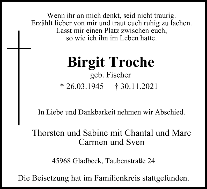  Traueranzeige für Birgit Troche vom 08.12.2021 aus WVW/ORA