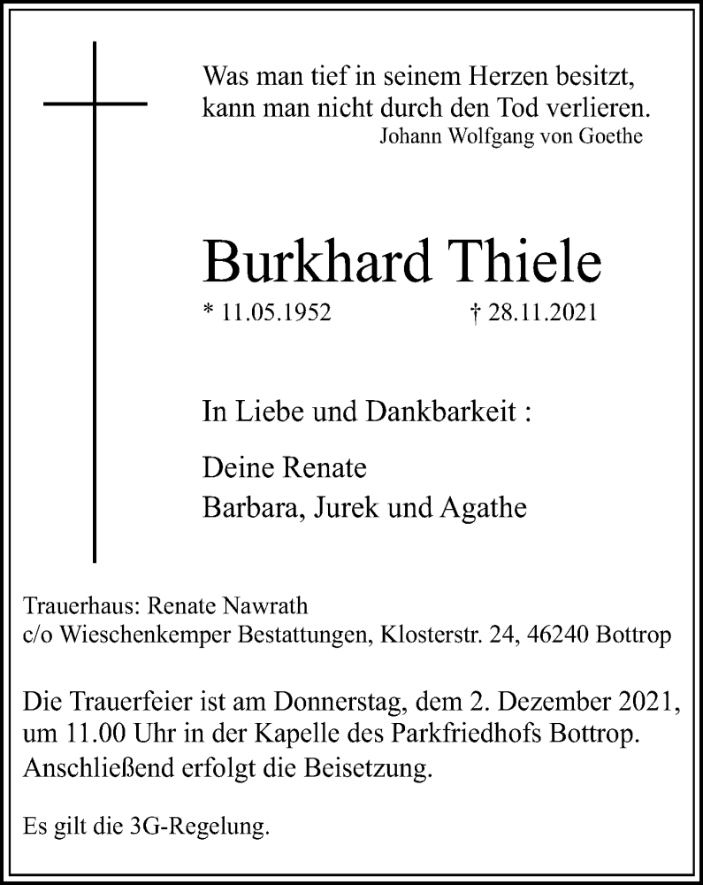 Traueranzeige für Burkhard Thiele vom 01.12.2021 aus WVW/ORA