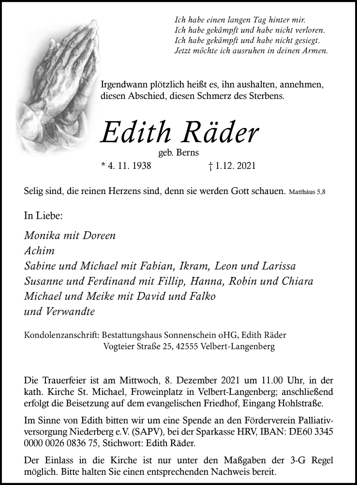  Traueranzeige für Edith Räder vom 04.12.2021 aus WVW/ORA