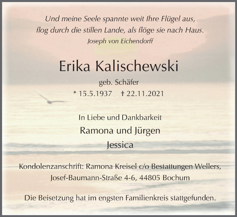  Traueranzeige für Erika Kalischewski vom 04.12.2021 aus WVW/ORA