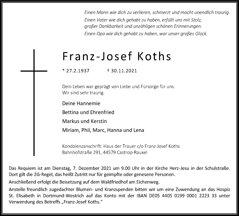  Traueranzeige für Franz-Josef Koths vom 04.12.2021 aus WVW/ORA