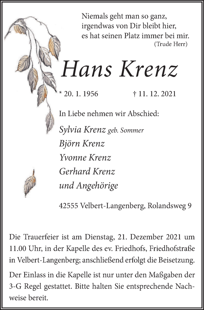  Traueranzeige für Hans Krenz vom 18.12.2021 aus WVW/ORA