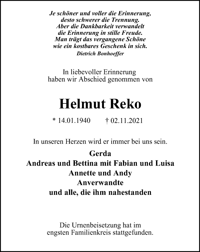  Traueranzeige für Helmut Reko vom 04.12.2021 aus WVW/ORA