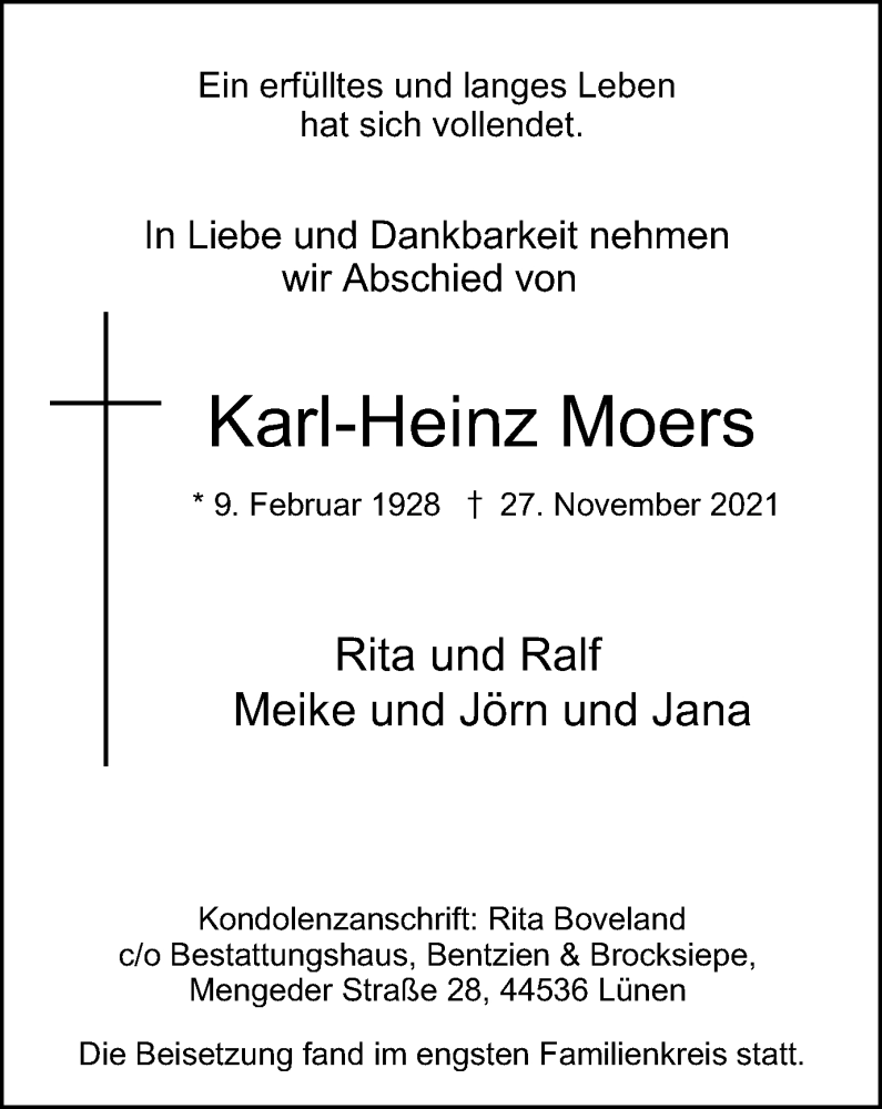  Traueranzeige für Karl-Heinz Moers vom 04.12.2021 aus WVW/ORA