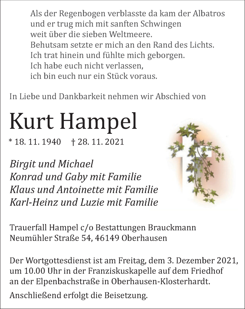  Traueranzeige für Kurt Hampel vom 01.12.2021 aus WVW/ORA