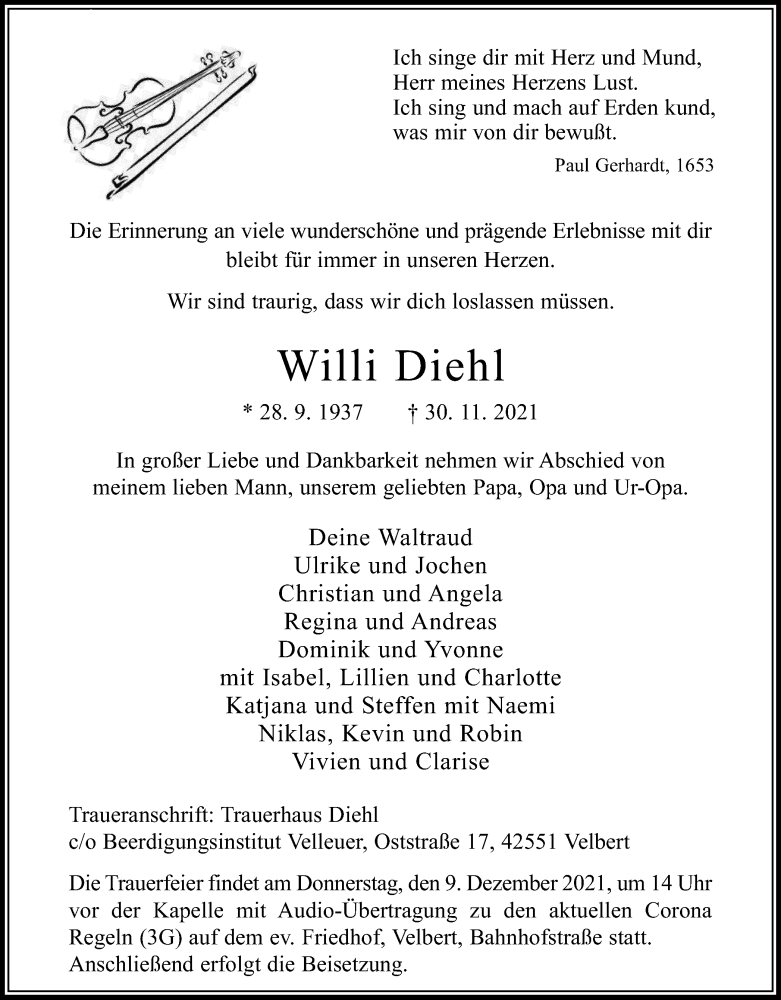  Traueranzeige für Willi Diehl vom 04.12.2021 aus WVW/ORA