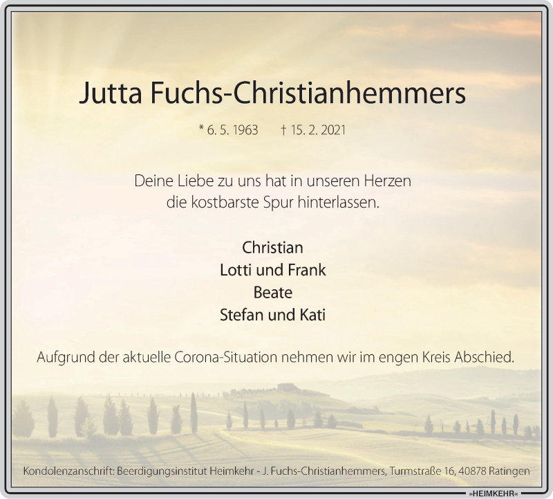  Traueranzeige für Jutta Fuchs-Christianhemmers vom 25.02.2021 aus WVW Anzeigenblätter