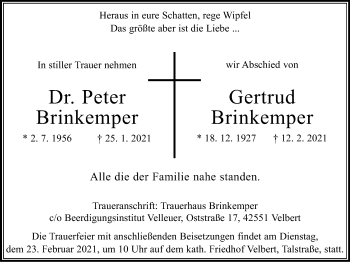 Traueranzeige von Peter und Gertrud Brinkemper von WVW Anzeigenblätter