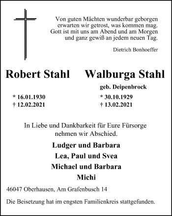 Traueranzeige von Robert und Walburga Stahl von WVW Anzeigenblätter