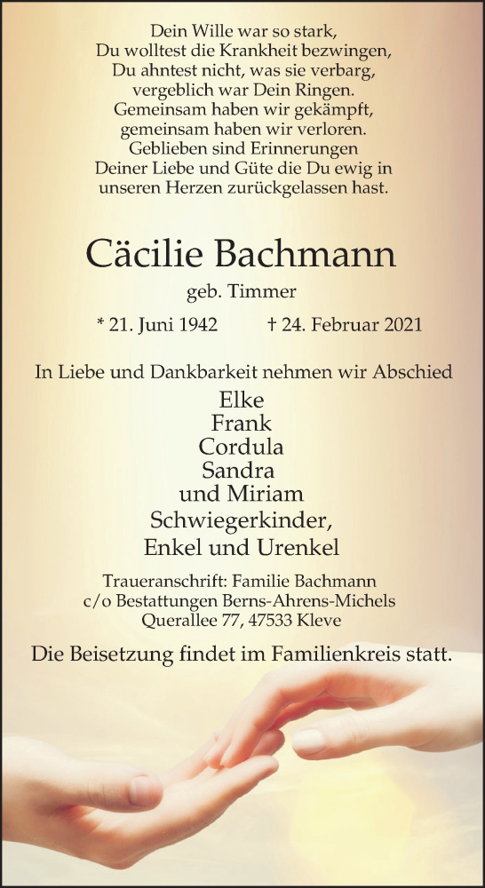  Traueranzeige für Cäcilie Bachmann vom 03.03.2021 aus WVW/ORA