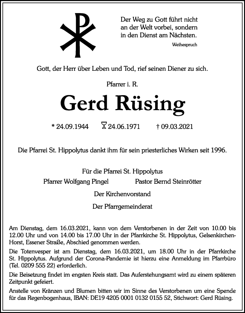  Traueranzeige für Gerd Rüsing vom 13.03.2021 aus WVW/ORA