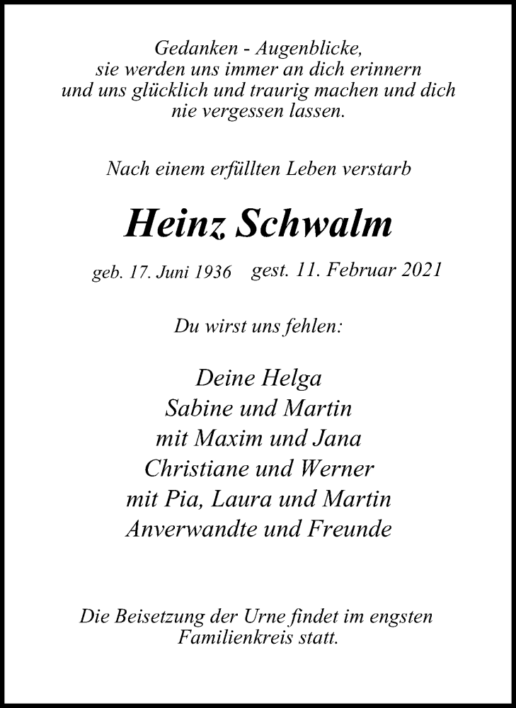  Traueranzeige für Heinz Schwalm vom 03.03.2021 aus WVW/ORA
