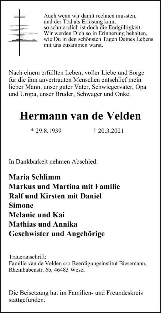  Traueranzeige für Hermann van deVelden vom 31.03.2021 aus WVW/ORA