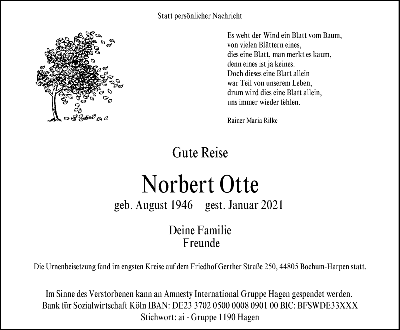  Traueranzeige für Norbert Otte vom 20.03.2021 aus WVW/ORA