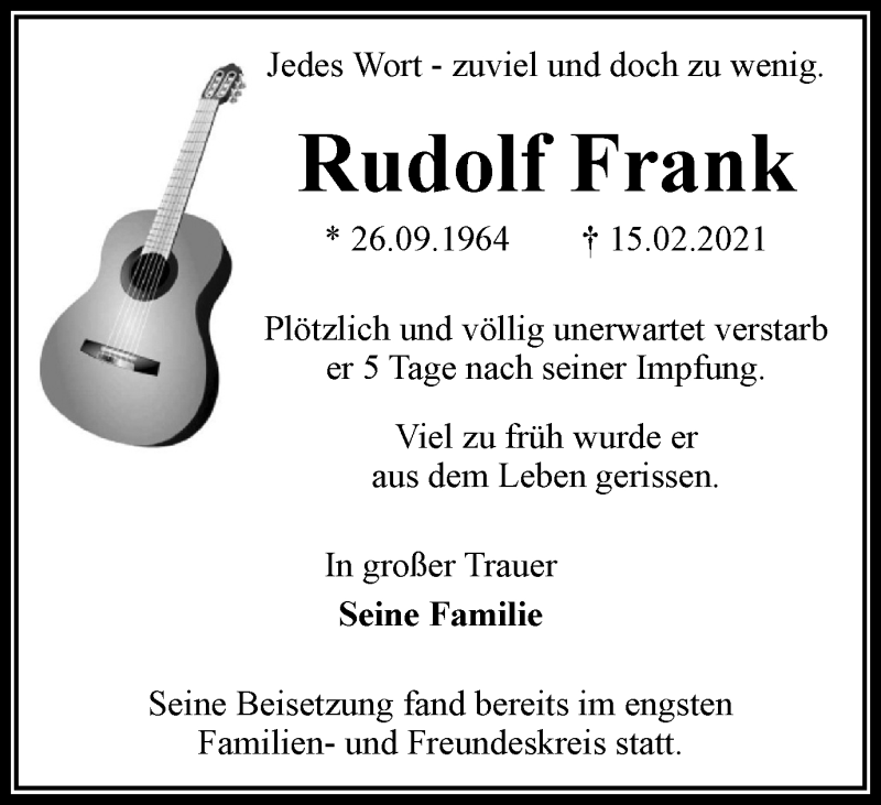  Traueranzeige für Rudolf Frank vom 04.03.2021 aus WVW Anzeigenblätter