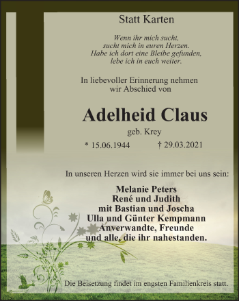 Traueranzeige von Adelheid Claus von WVW Anzeigenblätter