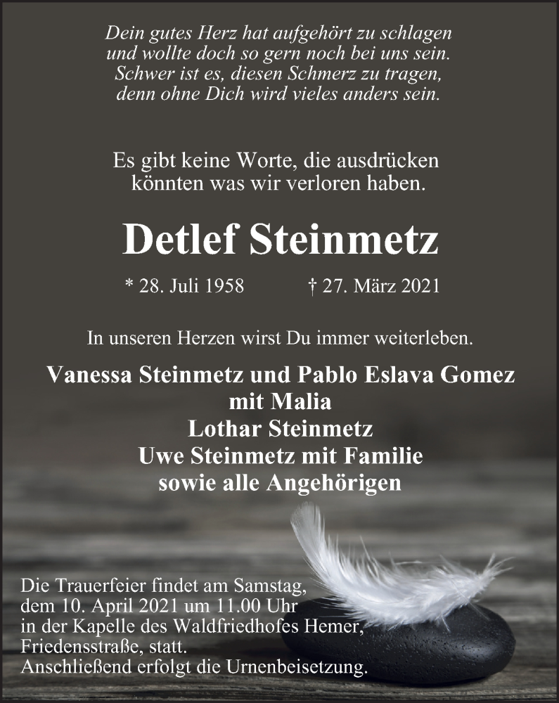  Traueranzeige für Detlef Steinmetz vom 07.04.2021 aus WVW Anzeigenblätter