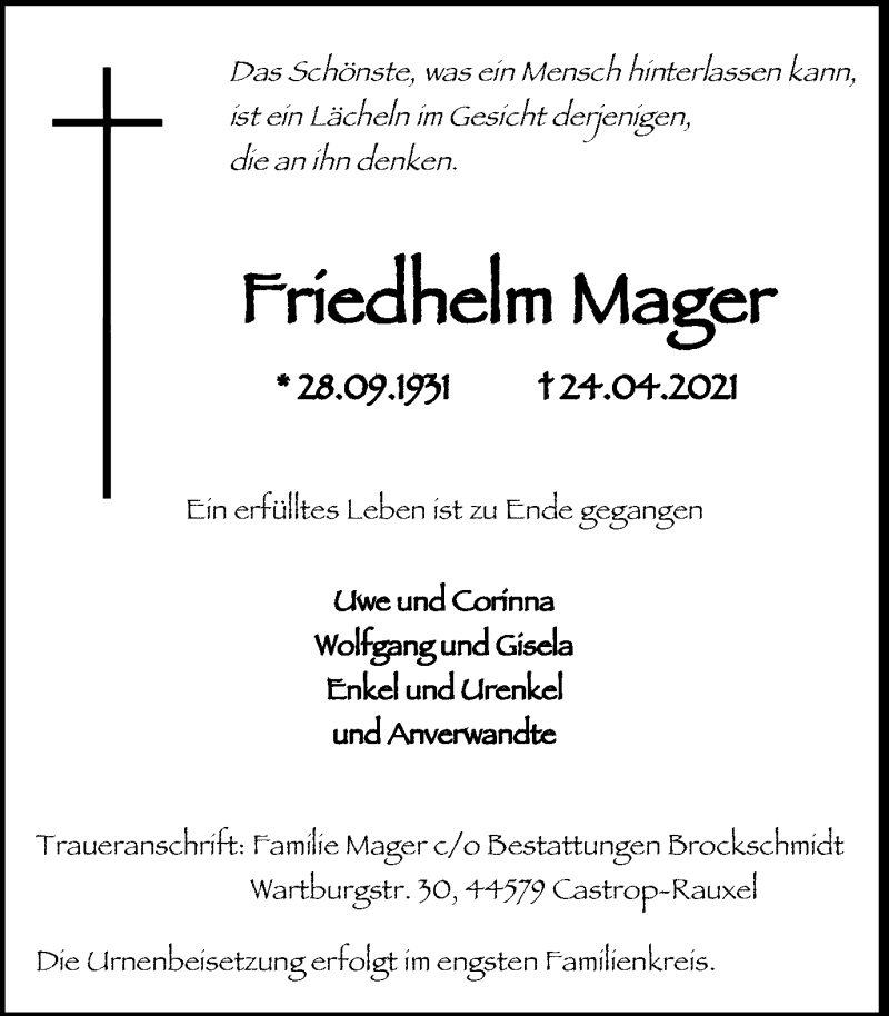  Traueranzeige für Friedhelm Mager vom 29.04.2021 aus WVW Anzeigenblätter