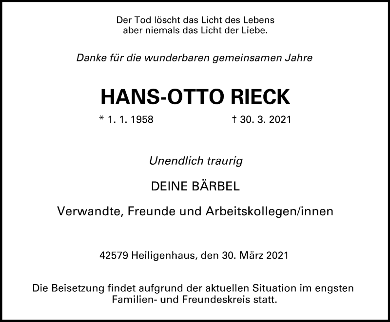  Traueranzeige für Hans-Otto Rieck vom 07.04.2021 aus WVW Anzeigenblätter