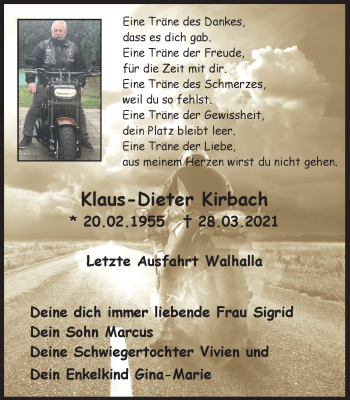 Traueranzeige von Klaus-Dieter Kirbach von WVW Anzeigenblätter
