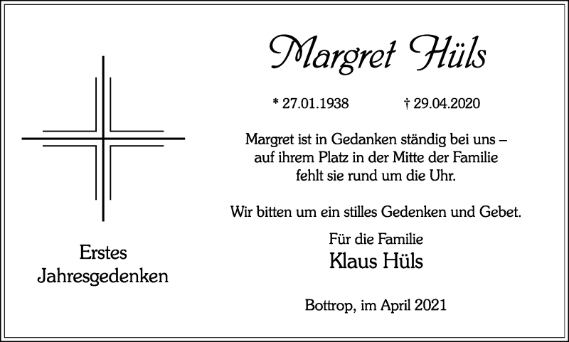  Traueranzeige für Margret Hüls vom 29.04.2021 aus WVW/ORA