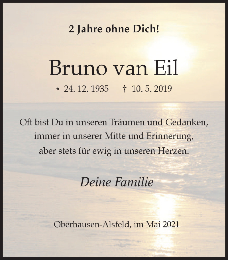  Traueranzeige für Bruno van Eil vom 08.05.2021 aus WVW Anzeigenblätter