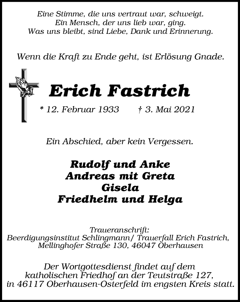  Traueranzeige für Erich Fastrich vom 08.05.2021 aus WVW/ORA