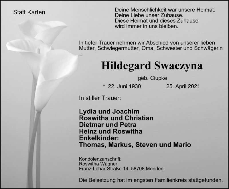  Traueranzeige für Hildegard Swaczyna vom 05.05.2021 aus WVW/ORA
