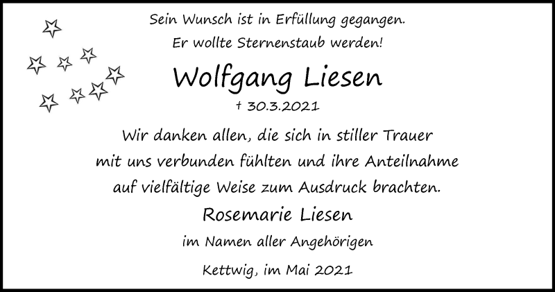  Traueranzeige für Wolfgang Liesen vom 05.05.2021 aus WVW/ORA