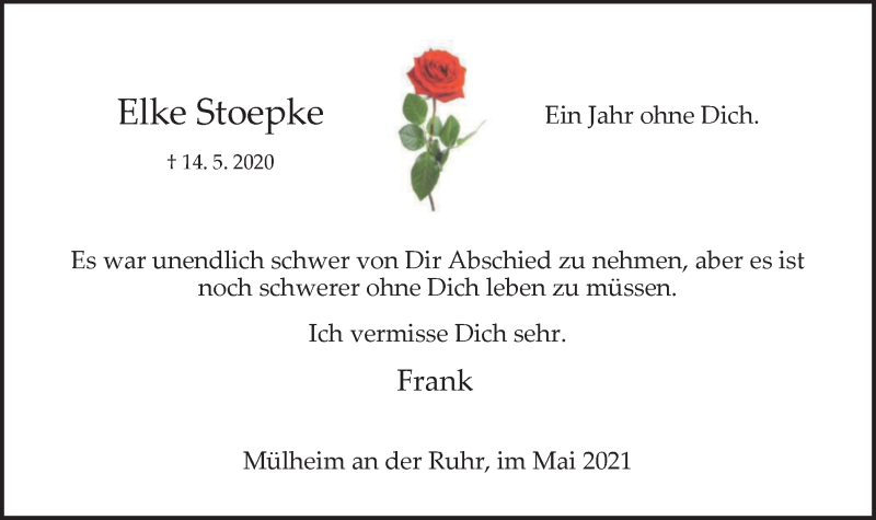  Traueranzeige für Elke Stoepke vom 15.05.2021 aus WVW Anzeigenblätter