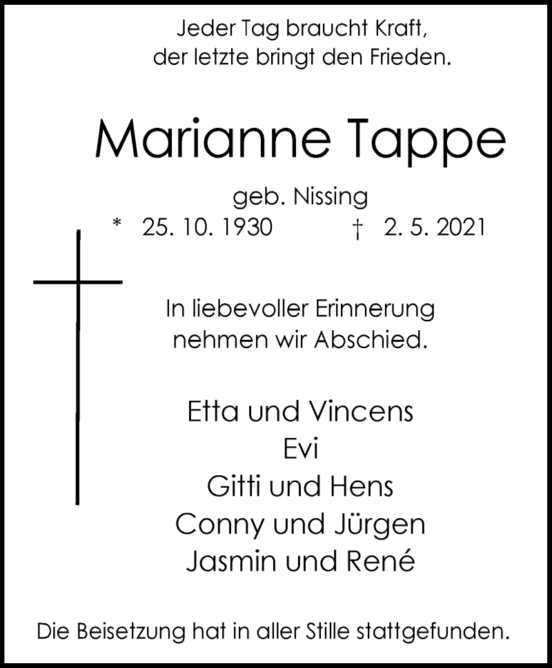  Traueranzeige für Marianne Tappe vom 22.05.2021 aus WVW/ORA