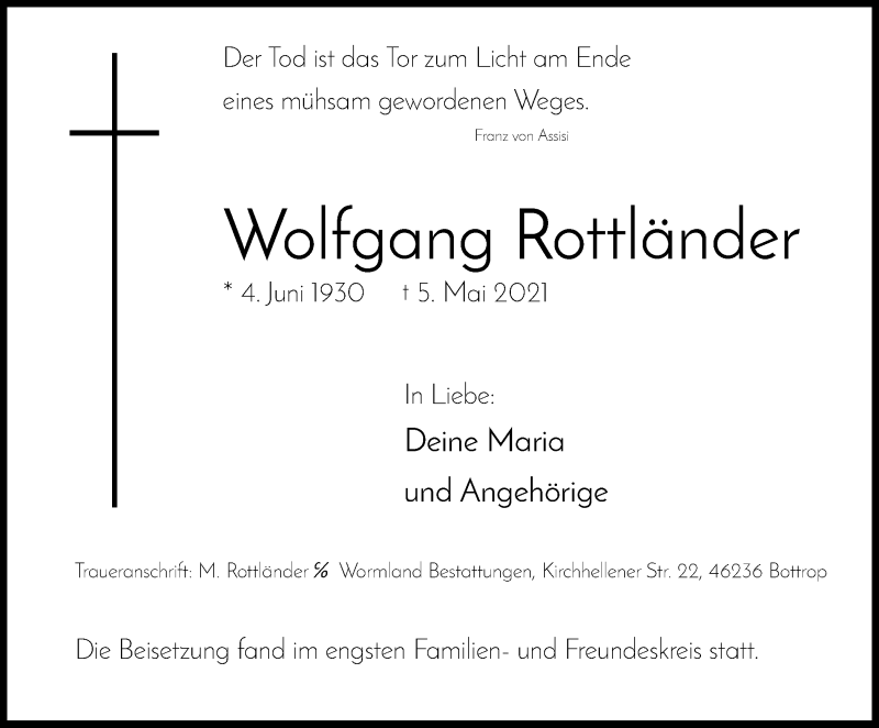  Traueranzeige für Wolfgang Rottländer vom 15.05.2021 aus WVW/ORA