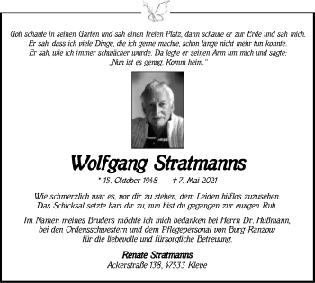 Traueranzeige von Wolfgang Stratmanns von WVW Anzeigenblätter