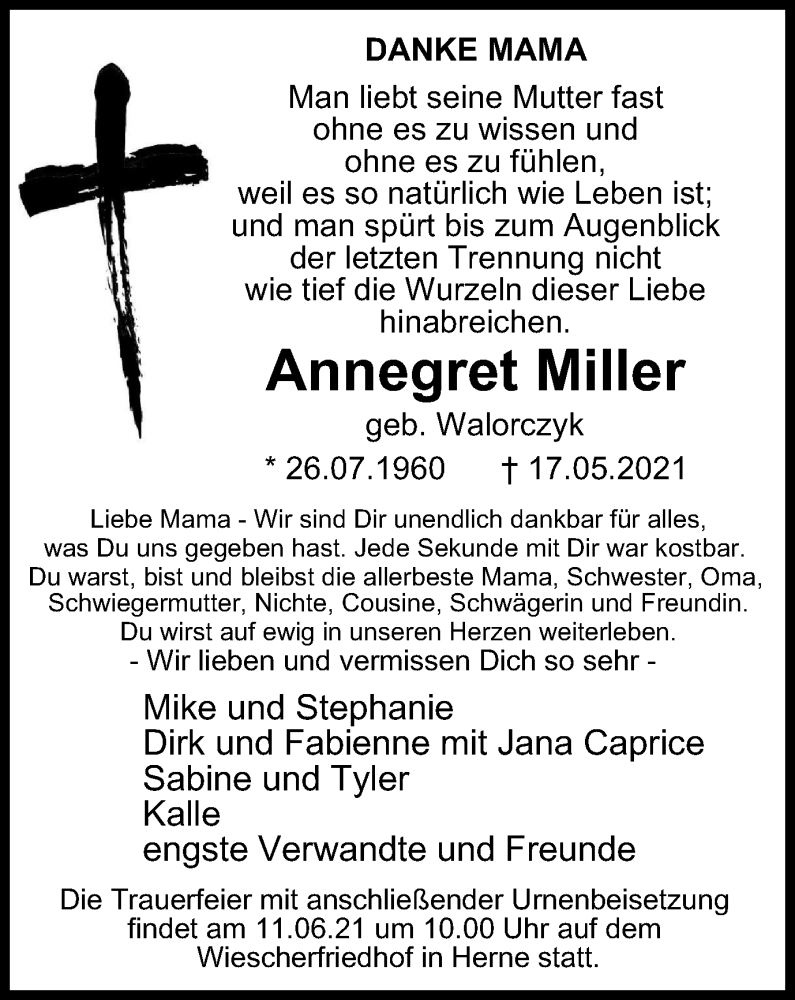  Traueranzeige für Annegret Miller vom 09.06.2021 aus WVW Anzeigenblätter