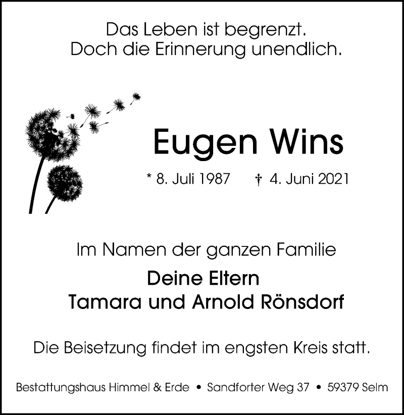  Traueranzeige für Eugen Wins vom 09.06.2021 aus WVW Anzeigenblätter