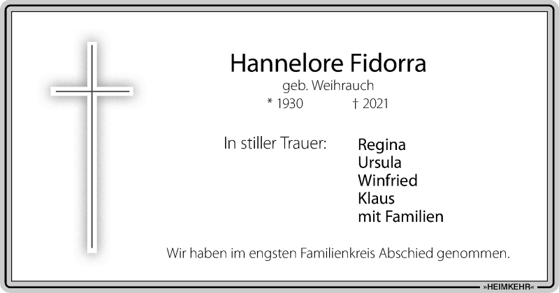  Traueranzeige für Hannelore Fidorra vom 24.06.2021 aus WVW/ORA