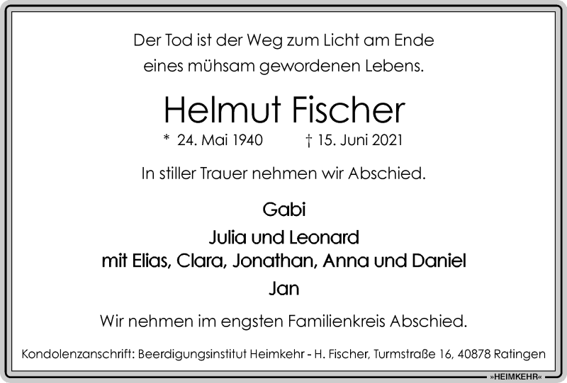  Traueranzeige für Helmut Fischer vom 24.06.2021 aus WVW/ORA