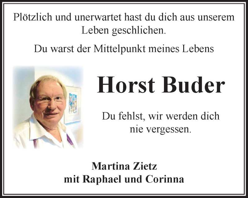  Traueranzeige für Horst Buder vom 10.06.2021 aus WVW Anzeigenblätter
