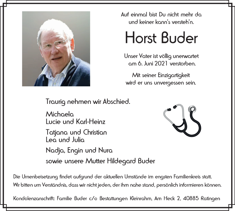  Traueranzeige für Horst Buder vom 10.06.2021 aus WVW Anzeigenblätter