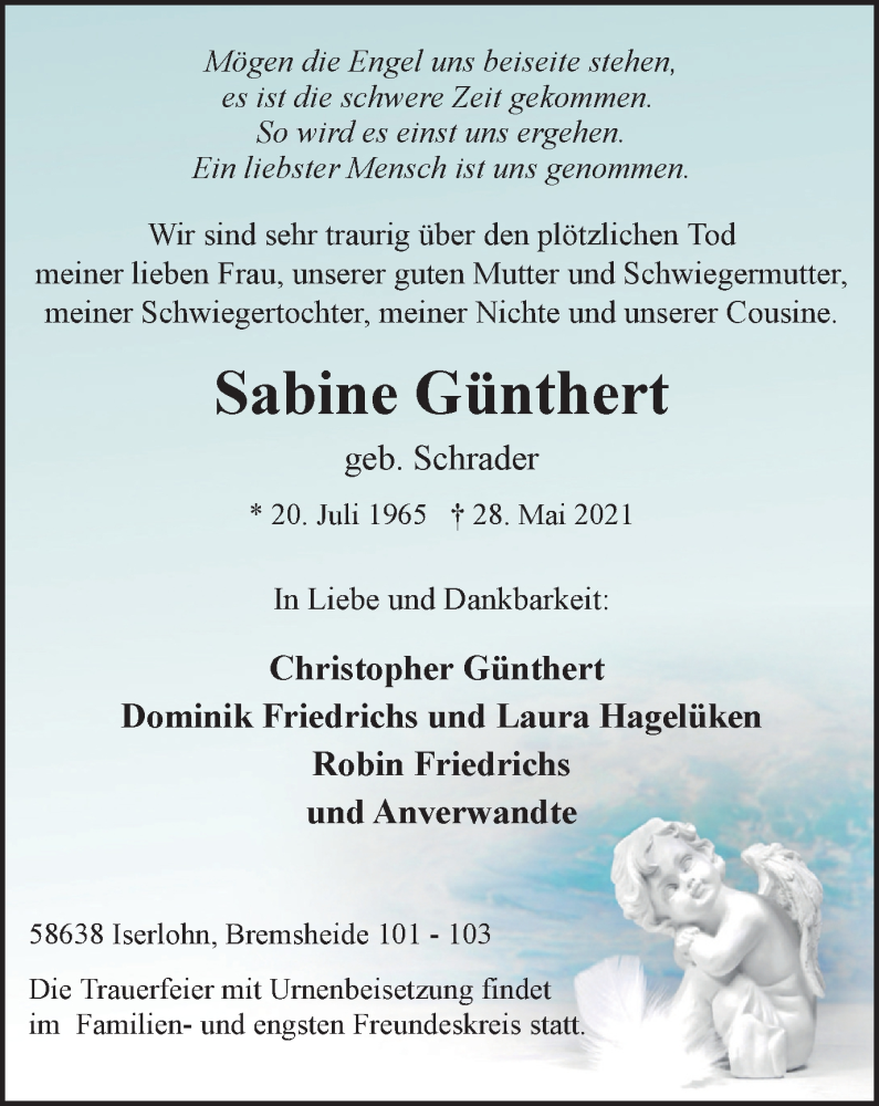  Traueranzeige für Sabine Günthert vom 02.06.2021 aus WVW Anzeigenblätter