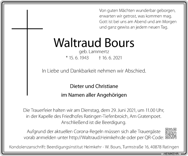  Traueranzeige für Waltraud Bours vom 24.06.2021 aus WVW/ORA